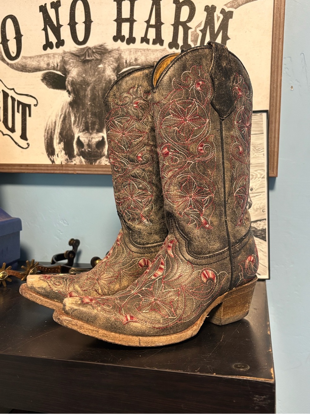 Girls' Corral Cowboy Boots with Red Embroidery